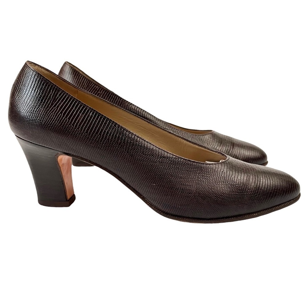FERRAGAMO Vintage Patent Calf Visone Lizard Print Heels